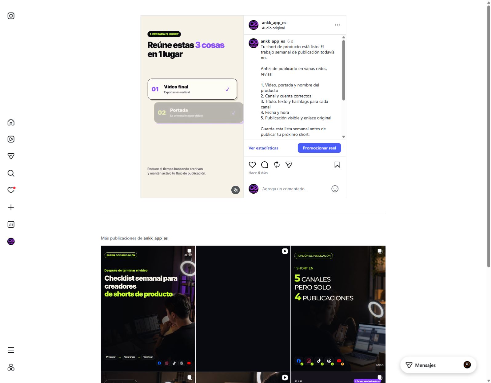 Reel público de ankk_app_es con el video, el texto en español y los controles de la publicación