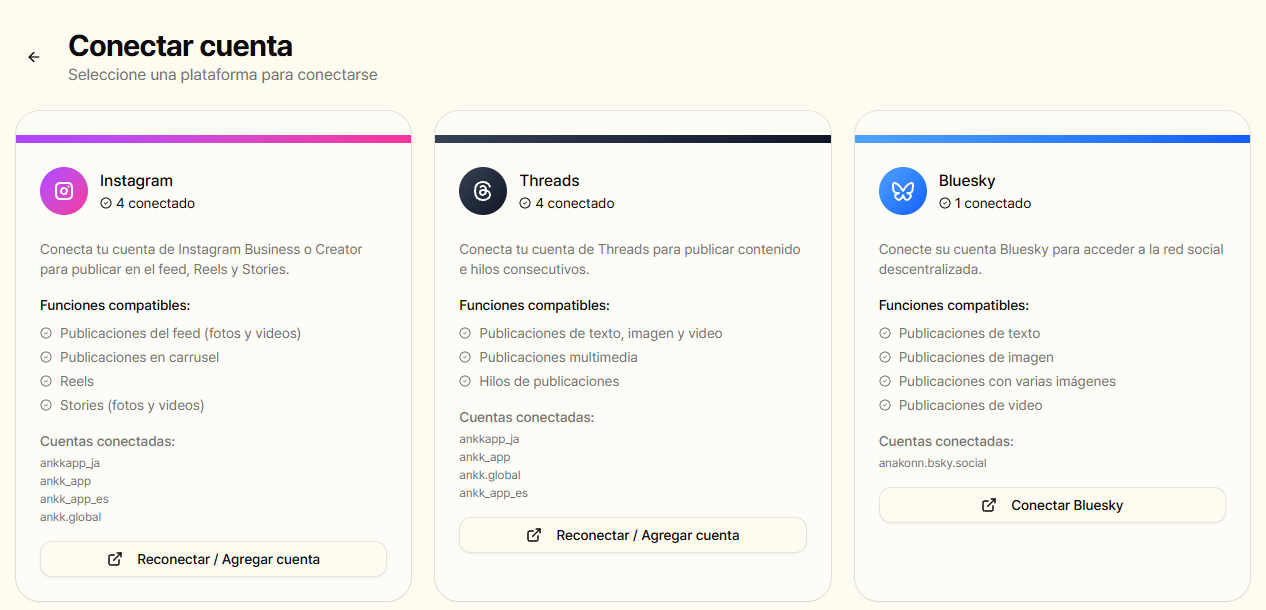 Pantalla real de Conectar cuenta en ANKK en español, con los tipos de Instagram compatibles y las cuentas públicas de la marca conectadas