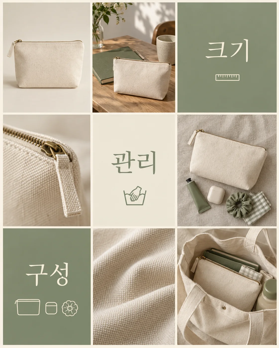 가상의 캔버스 파우치 사진 여섯 장과 크기, 관리, 구성 카드 세 장으로 만든 제품형 9칸 예시