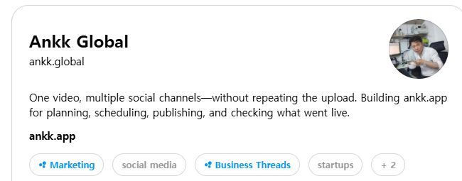 The public Ankk Global Threads profile showing its name, username, bio, link, and topic tags