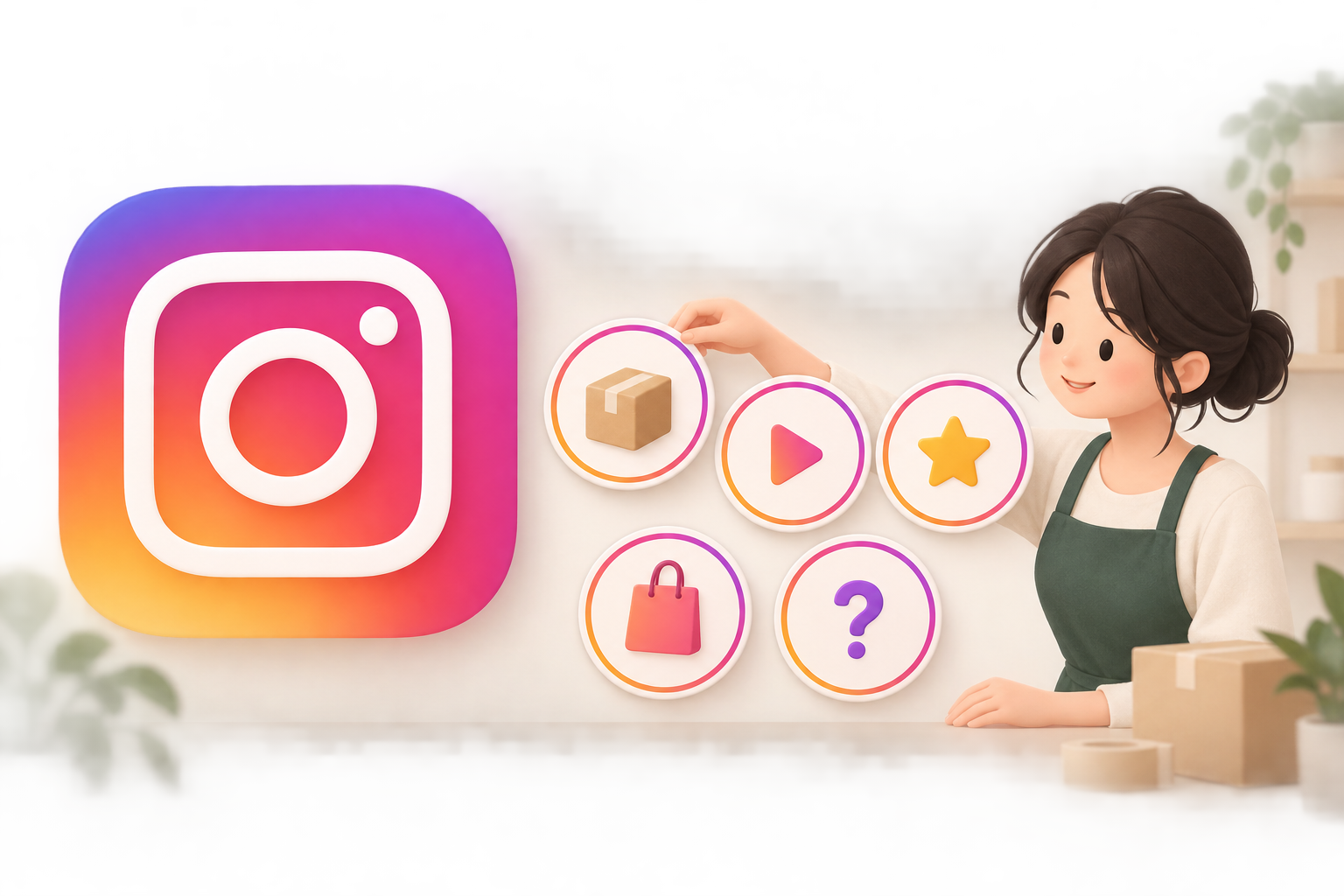 큰 Instagram 로고와 상품 소개·사용법·후기·구매 안내·FAQ를 상징하는 다섯 아이콘을 배치한 하이라이트 가이드 일러스트