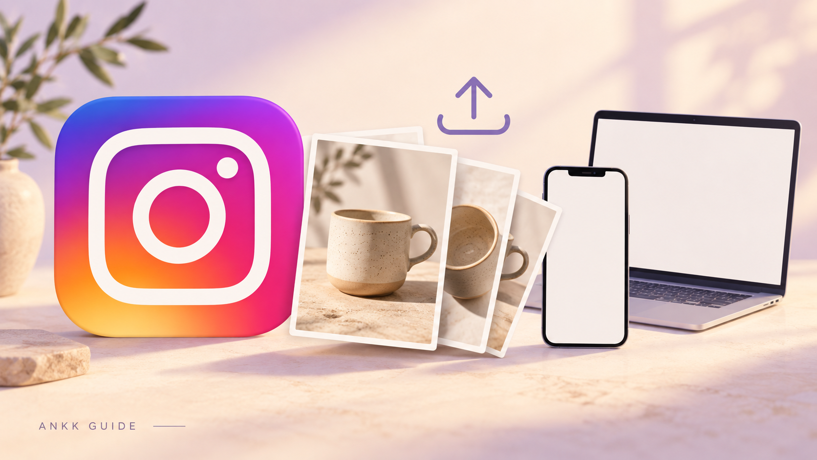 큰 Instagram 로고와 사진 카드 세 장, 휴대폰과 노트북으로 표현한 게시물 업로드 가이드 일러스트
