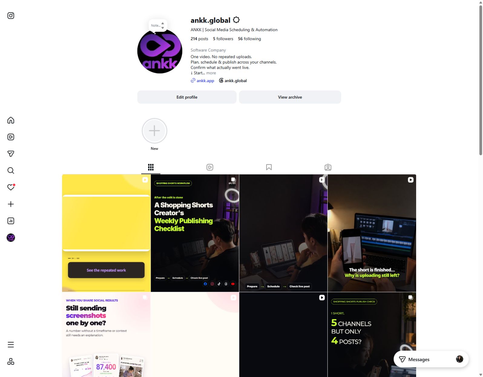 The public ankk.global Instagram profile showing the account name, bio, Reels tab, and public post grid