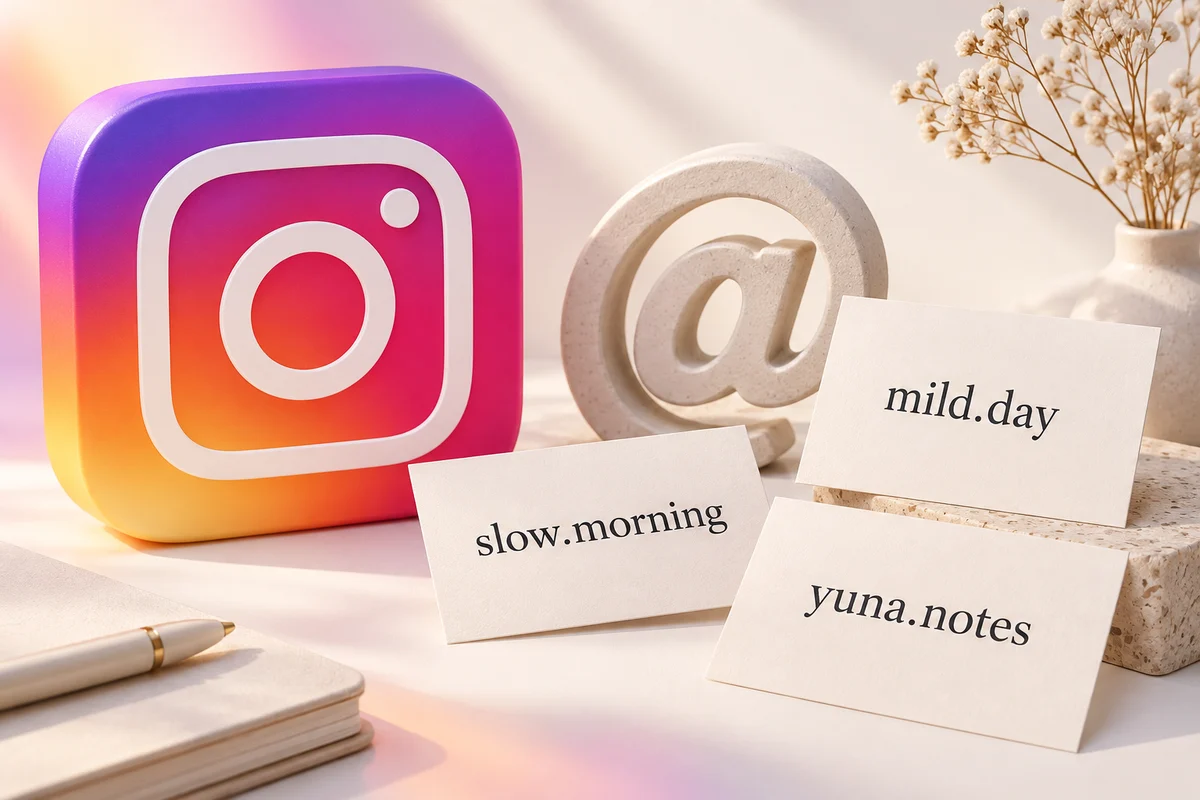 큰 Instagram 로고와 골뱅이 기호 옆에 mild.day, slow.morning, yuna.notes 아이디 예시 카드가 놓인 일러스트