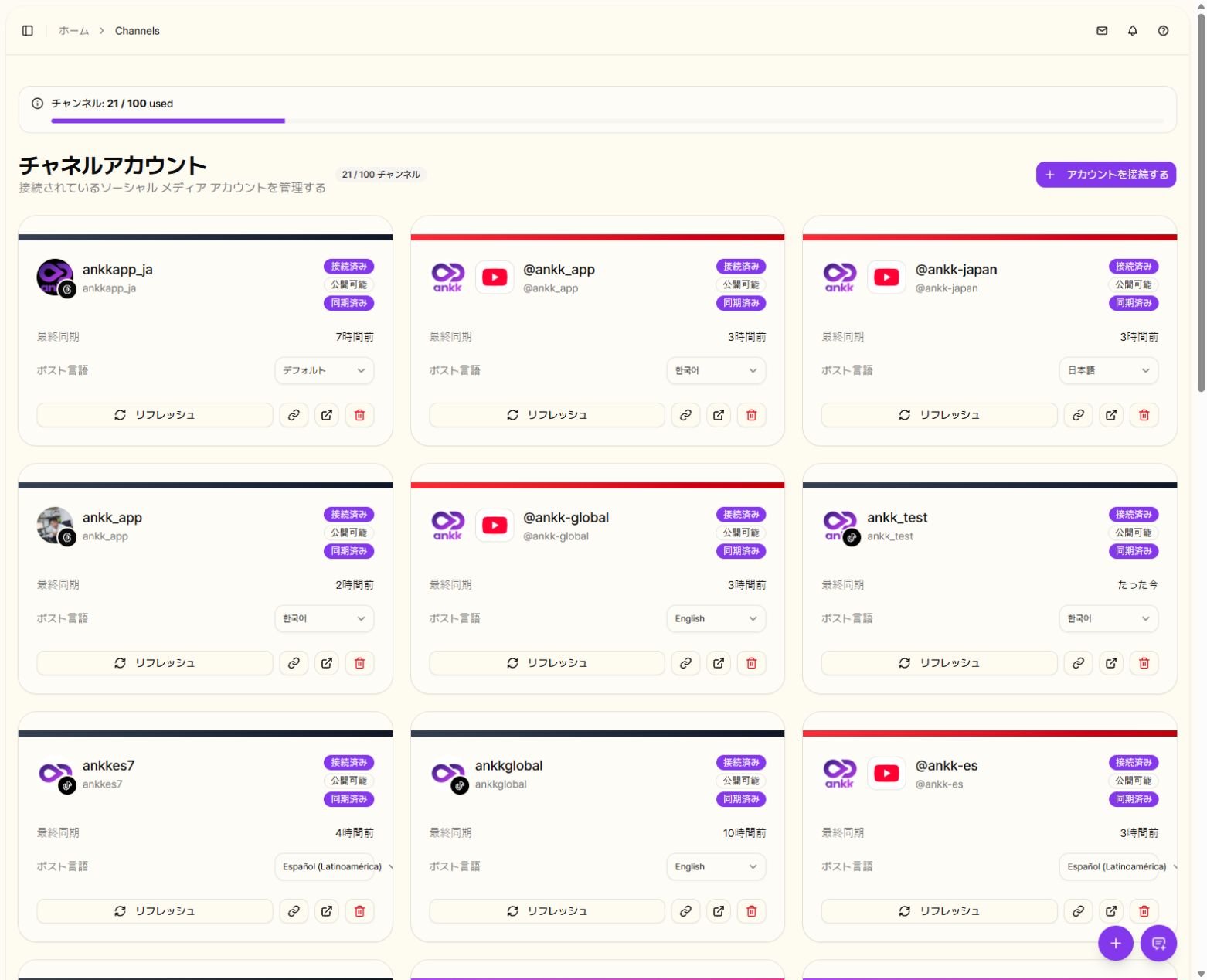 日本語表示に切り替えた現在のANKKワークスペースで、公開ブランドアカウントと接続状態を確認する画面