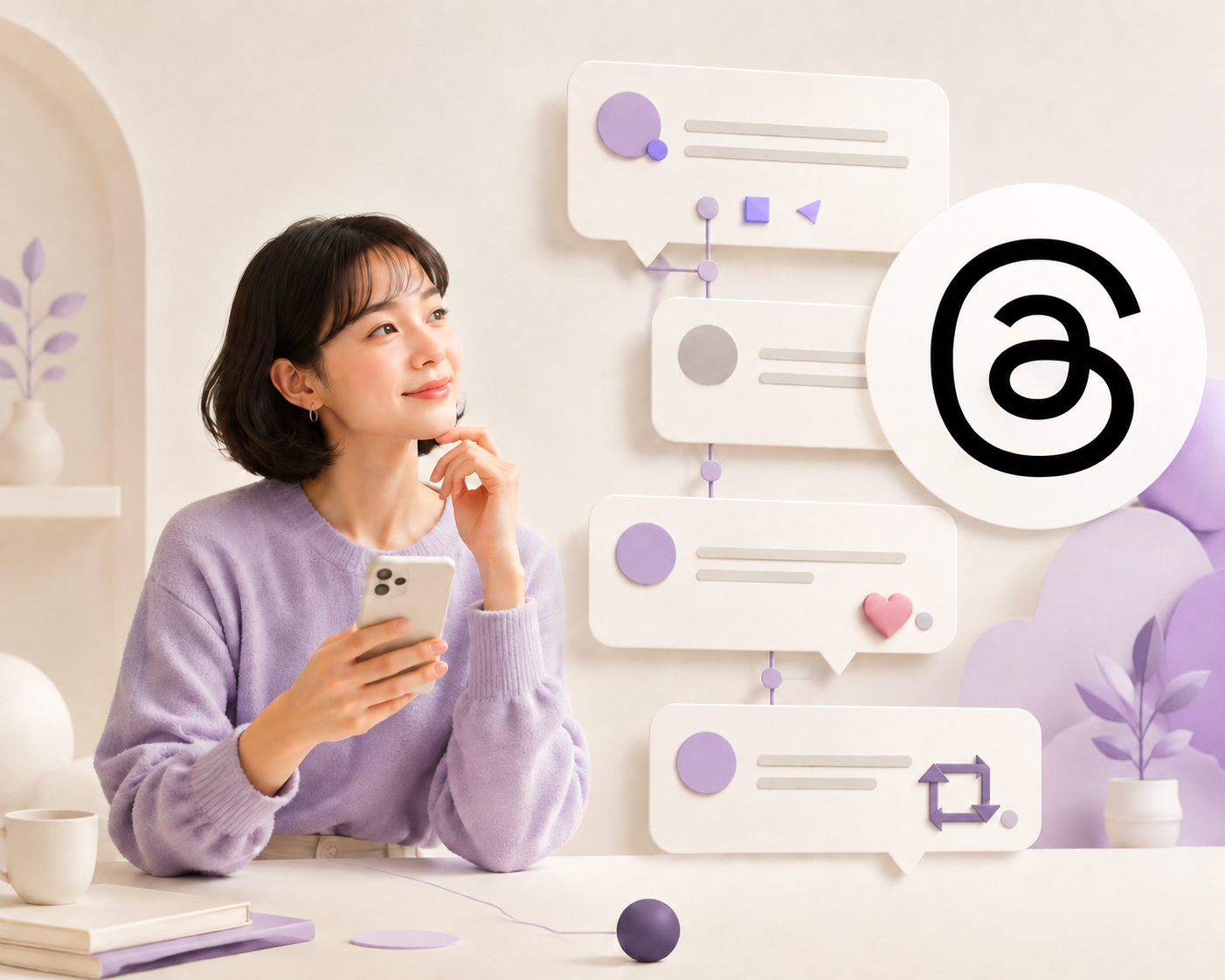A large Threads logo beside a solo creator holding a phone as public conversation cards connect across the image