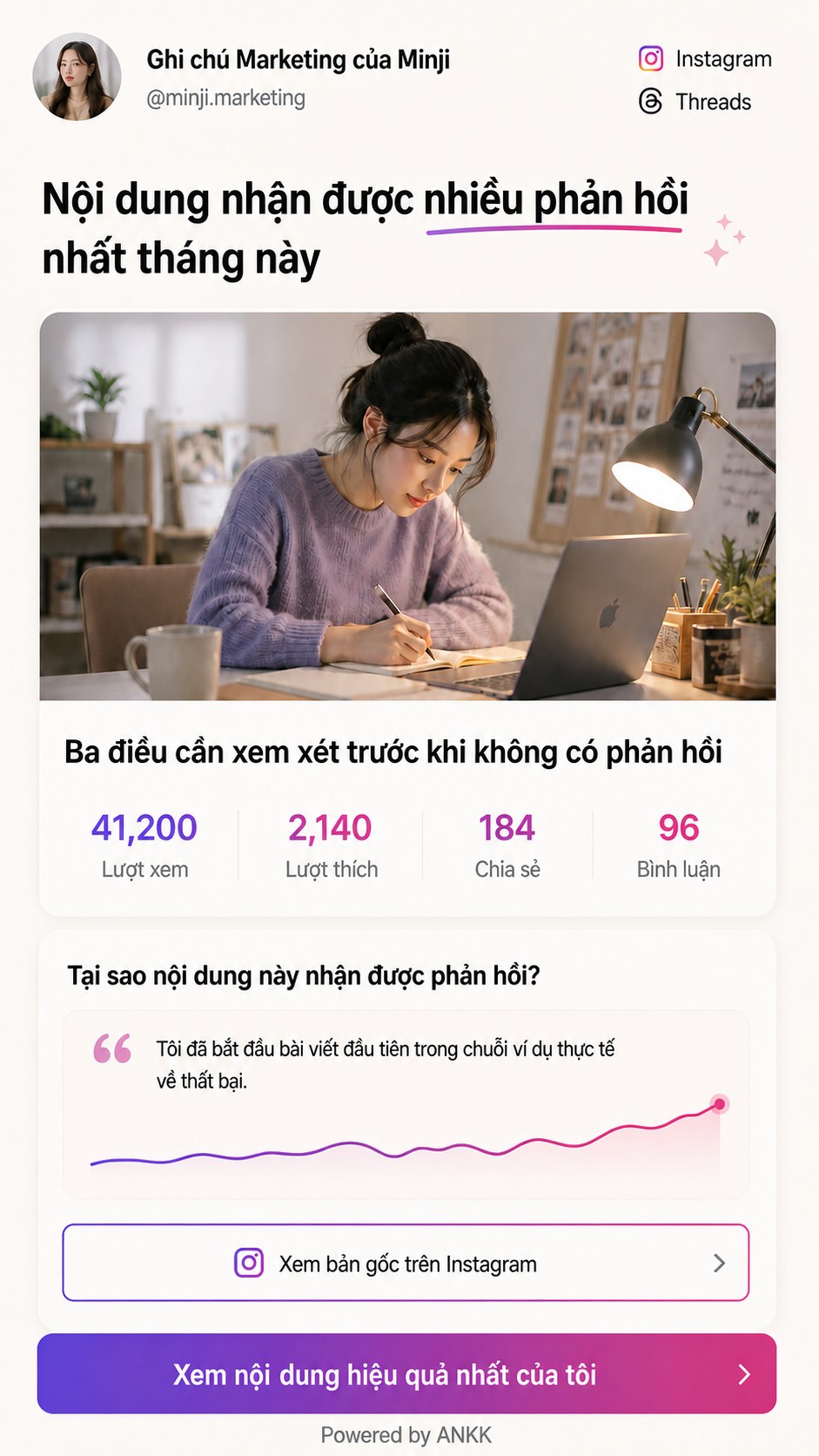 Bản xem trước mẫu Top Content của ANKK Highlight với một bài đăng được chọn cùng lượt xem, lượt thích, lượt chia sẻ và bình luận