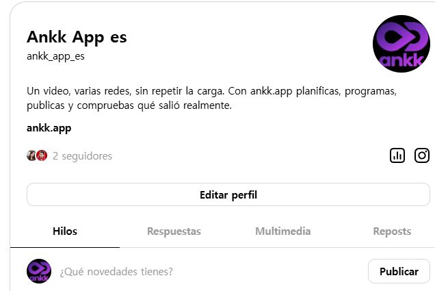 Perfil público de Ankk App es en Threads con el nombre, usuario, descripción en español y enlace