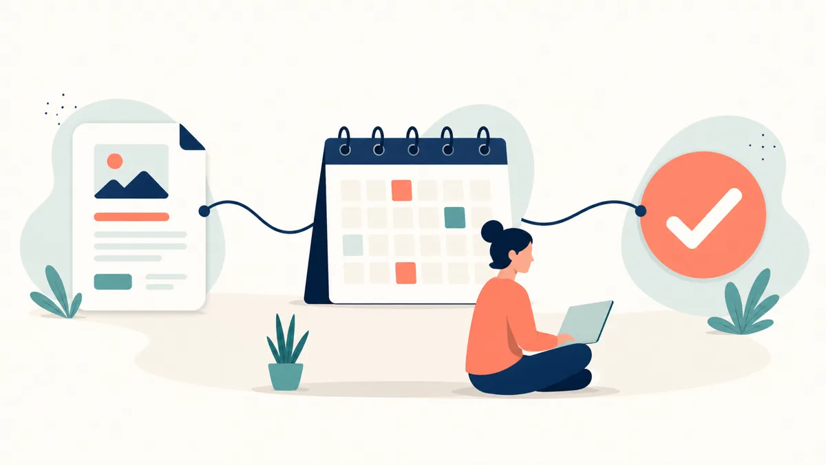 Illustration of a weekly social media operations workflow from draft to confirmed publication