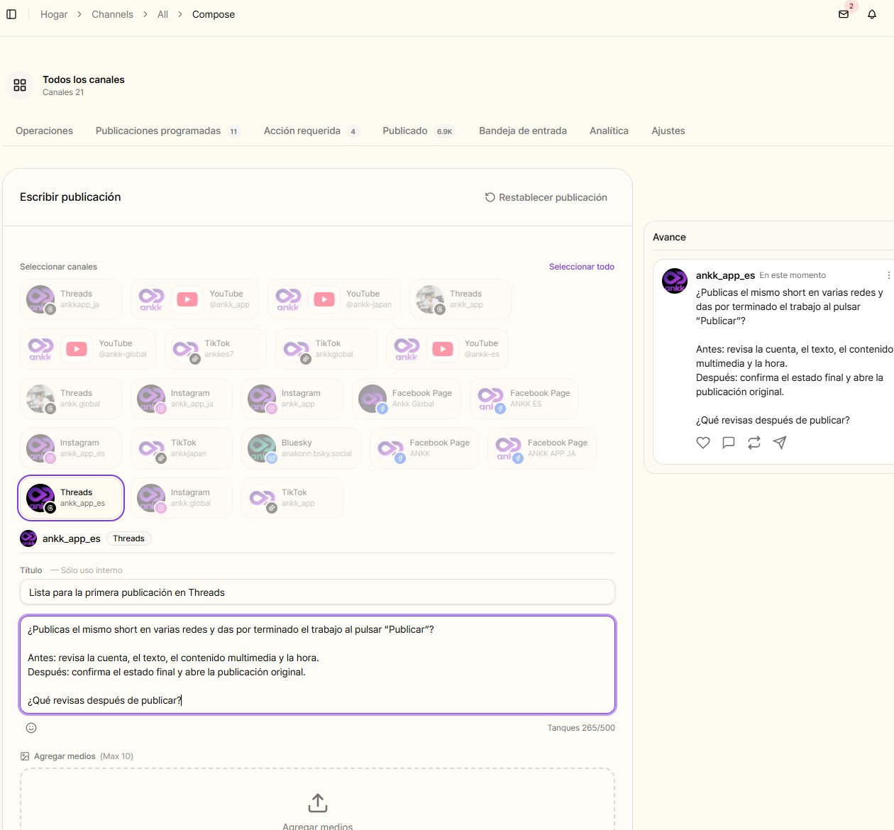 Espacio de trabajo actual de Ankk en español con la cuenta de Threads ankk_app_es seleccionada, texto y vista previa