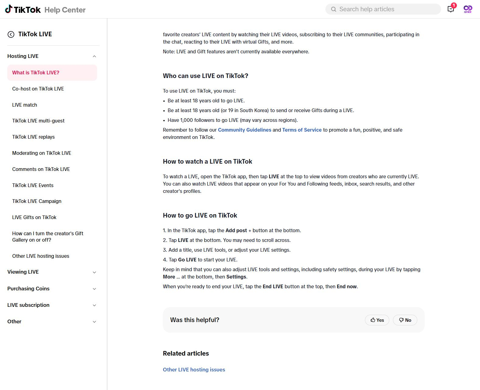 TikTok's English Help Center showing LIVE eligibility and the steps to start and end a broadcast