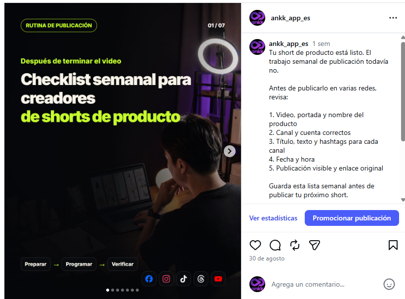 Carrusel ya publicado en @ankk_app_es, con la primera lámina, la flecha para avanzar y los puntos de navegación