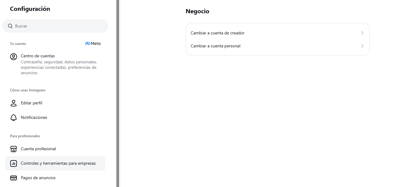 Configuración de Instagram en español: Controles y herramientas para empresas, con opciones para cambiar a creador o cuenta personal