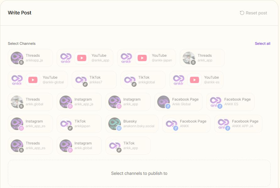 The current English Ankk workspace showing separate public brand accounts across Threads and other social channels