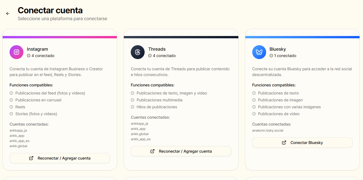 Pantalla real de ANKK en español para conectar cuentas, con Instagram, Threads, Bluesky y las cuentas públicas que opera ANKK