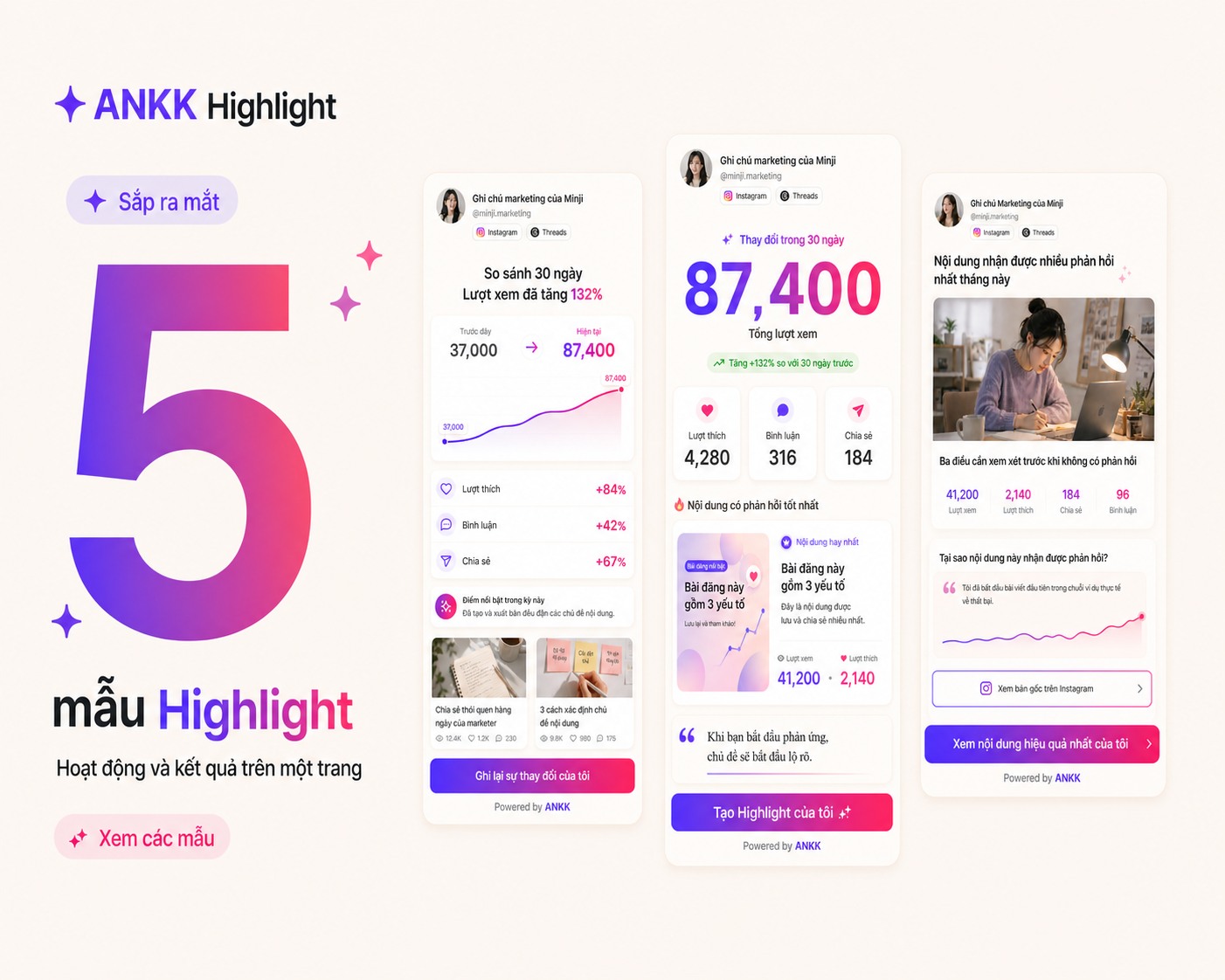Hình ảnh ra mắt ANKK Highlight với số 5 cùng bản xem trước các mẫu Growth Story, Big Number và Top Content