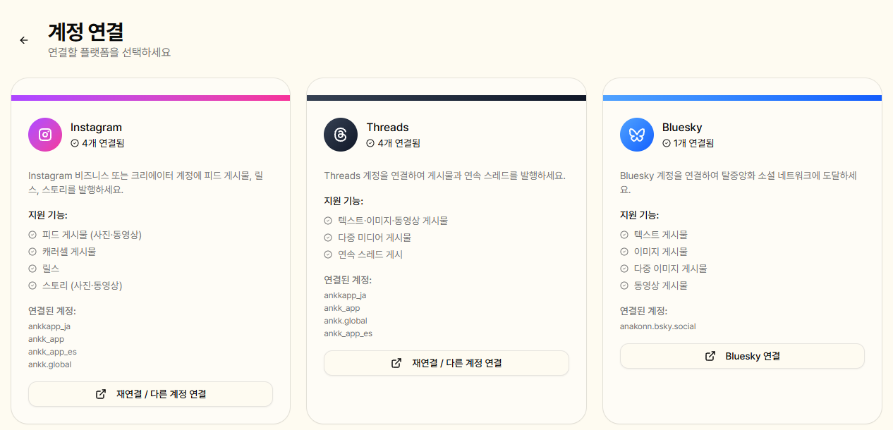 한국어로 표시한 실제 ANKK 계정 연결 화면의 Instagram 지원 안내와 연결된 공개 브랜드 계정 목록