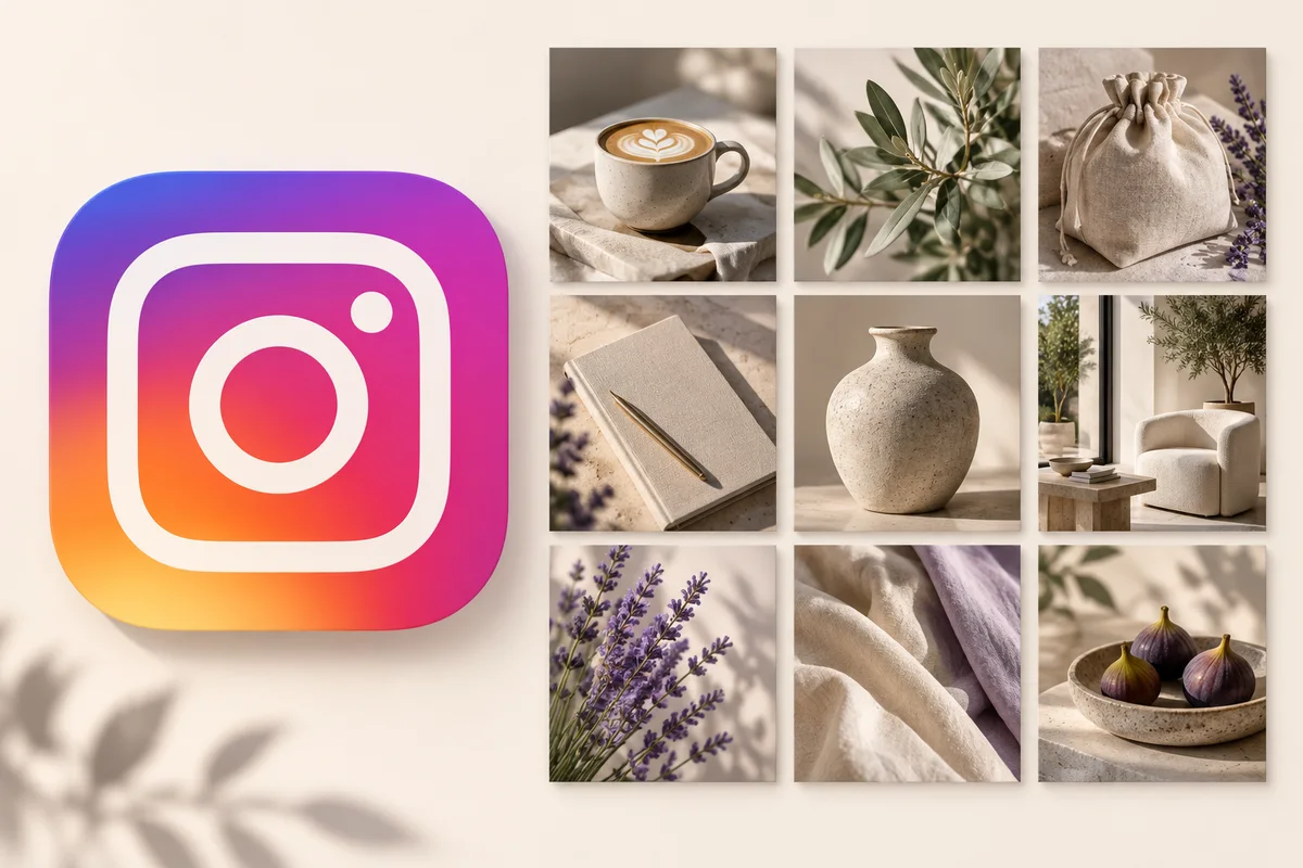 큰 Instagram 로고 옆에 따뜻한 색감의 사진 아홉 장을 배치한 대표 일러스트