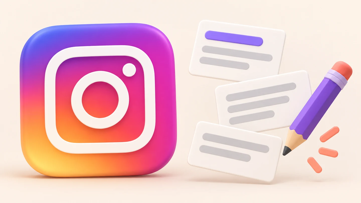 큰 Instagram 로고와 문구 카드를 배치한 캡션 작성 가이드 일러스트