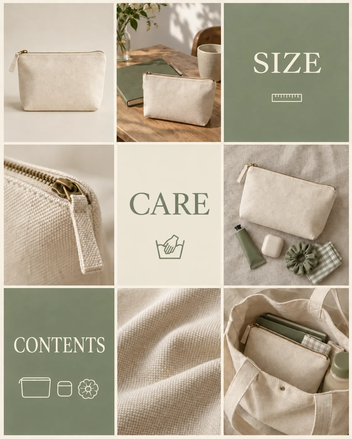 Six photos of a fictional canvas pouch alongside SIZE, CARE, and CONTENTS cards