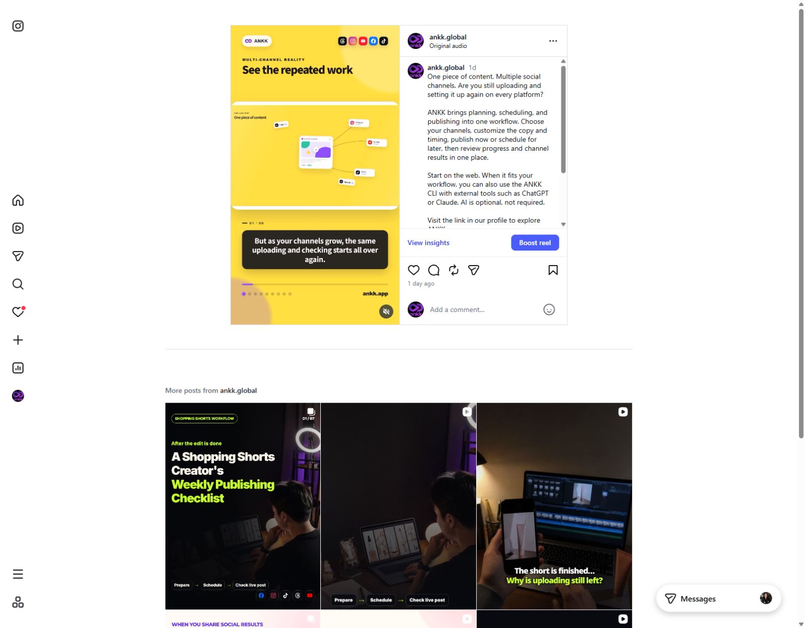 A public Reel from ankk.global showing the video, English caption, and public post controls