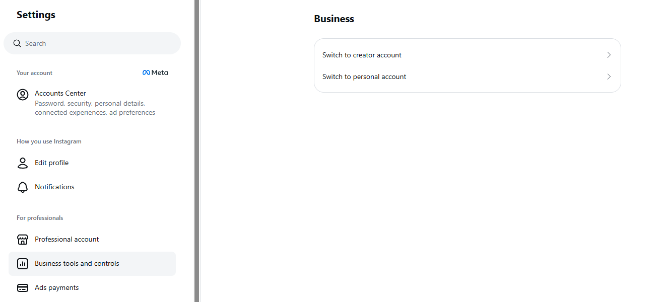 Instagram's English Business tools and controls page showing options to switch to a Creator or personal account