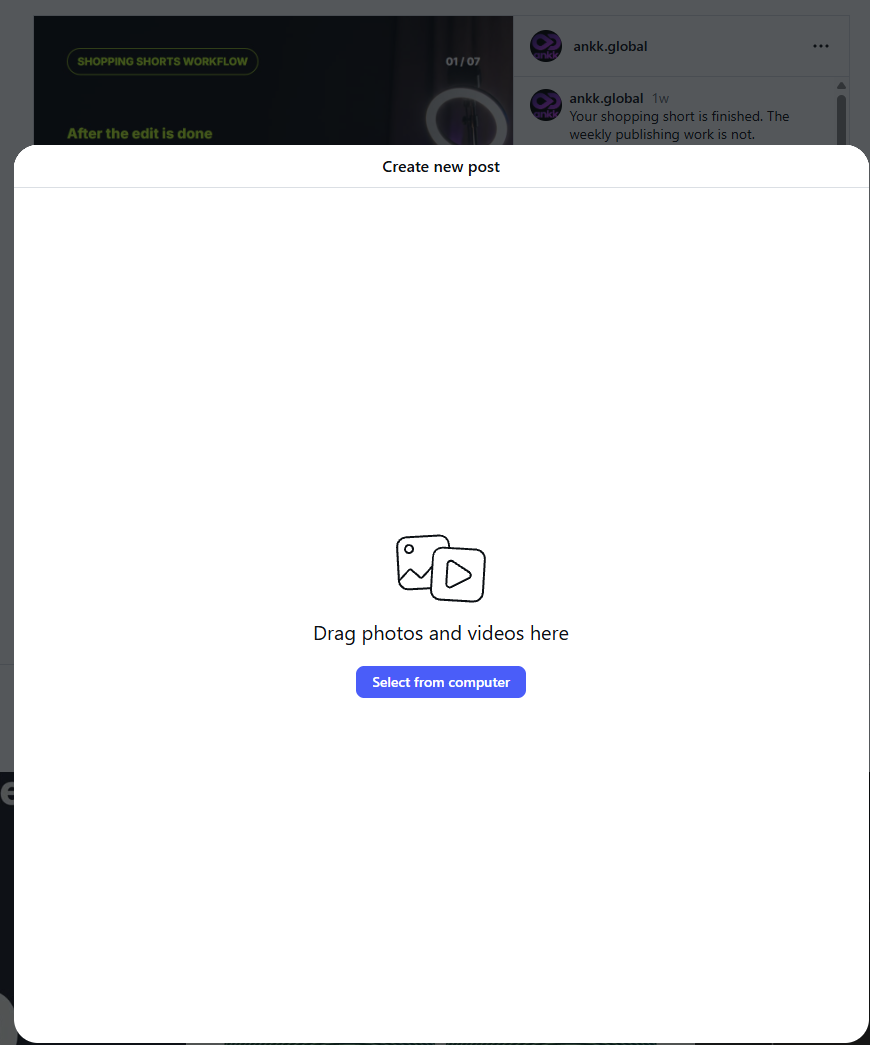 Instagram’s English Create new post window with the Select from computer button