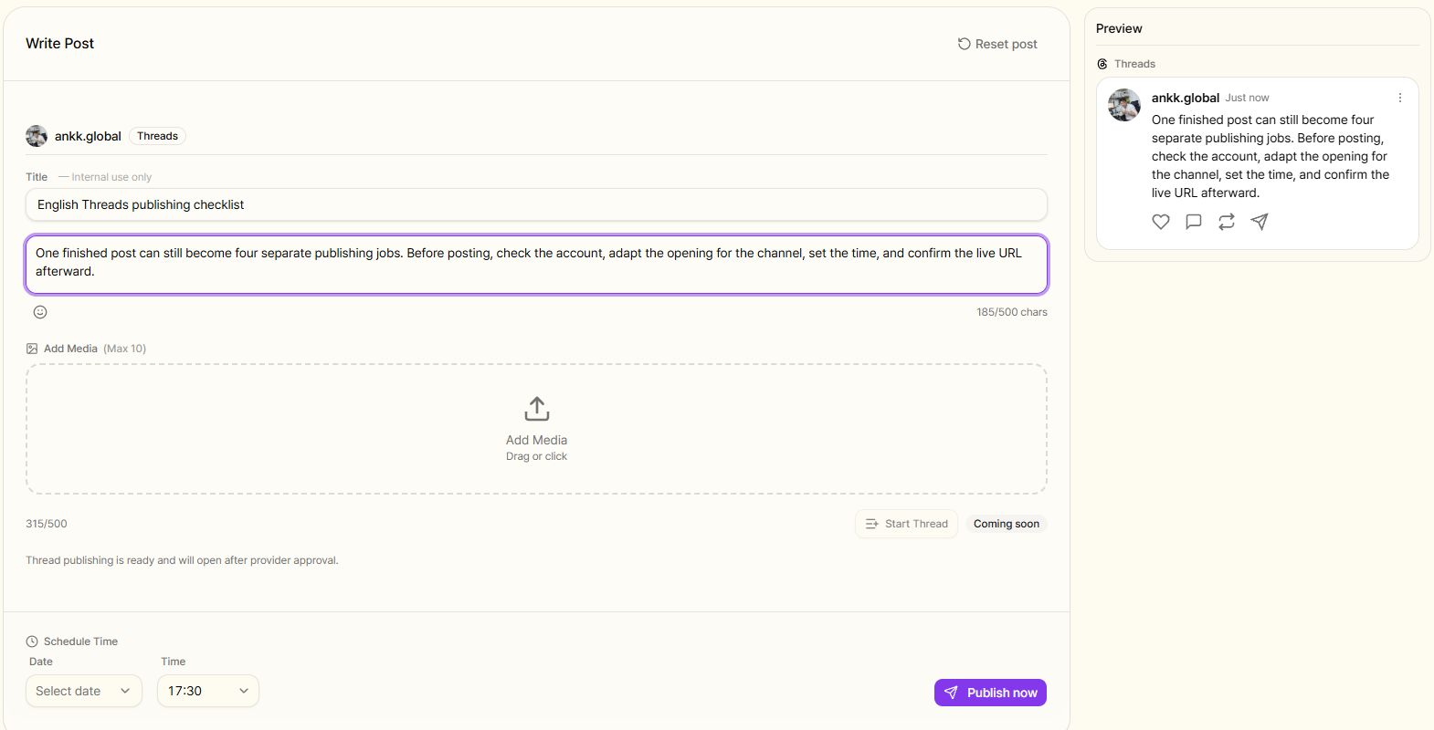 The current English Ankk workspace with the public Threads account ankk.global selected and an English post preview