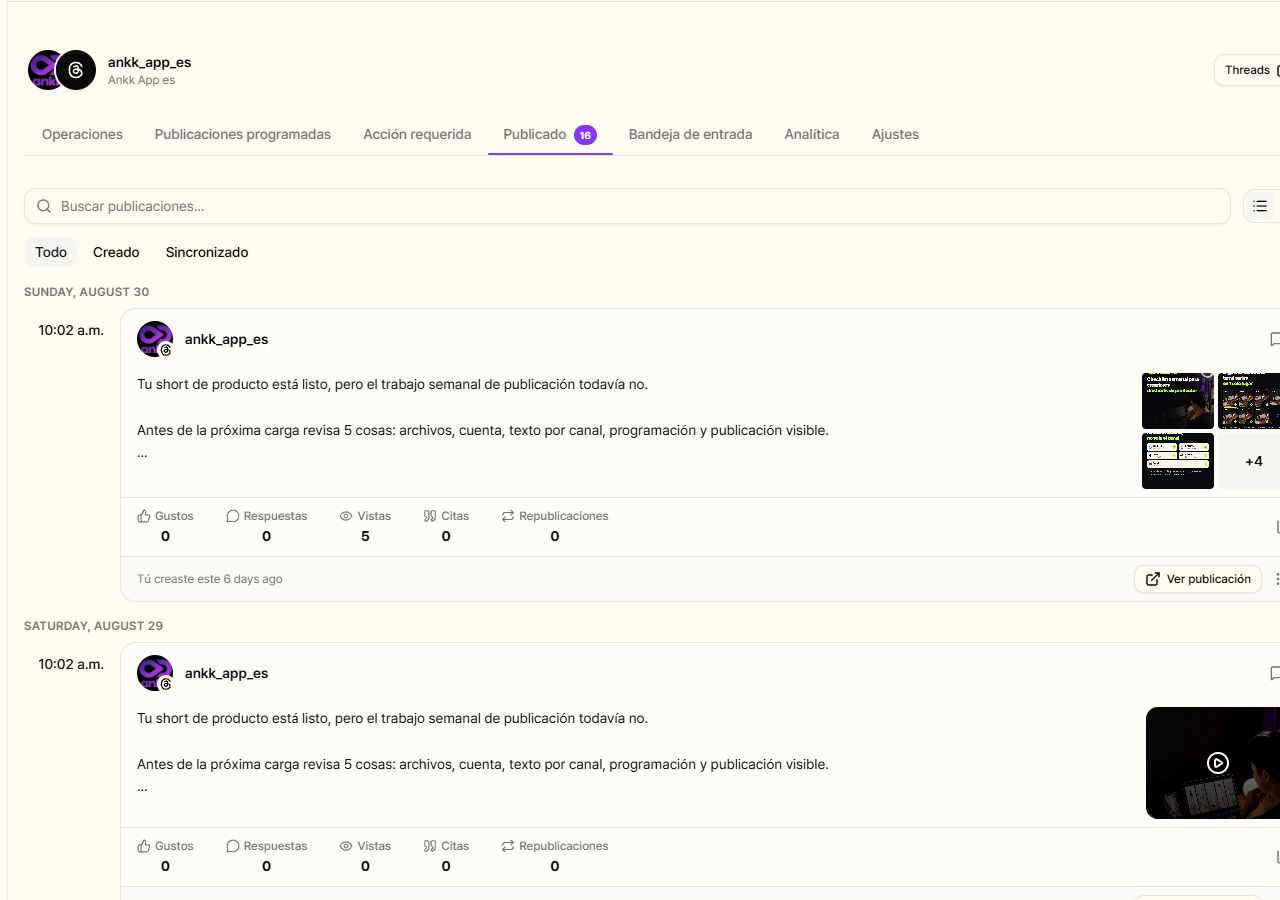 Vista de Publicado de Ankk en español con el estado final de una publicación de Threads y el enlace Ver publicación