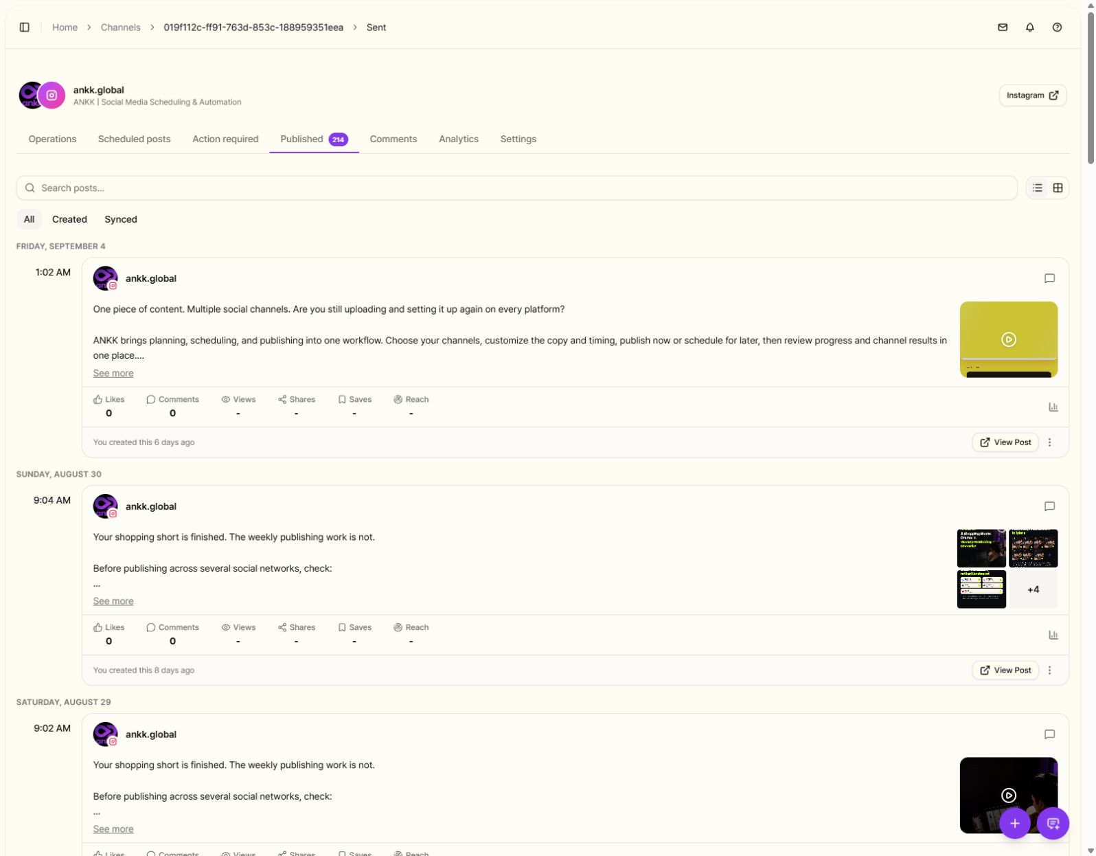 The Ankk Published view in English showing the ankk.global Instagram account, published Reel entries, and View Post links