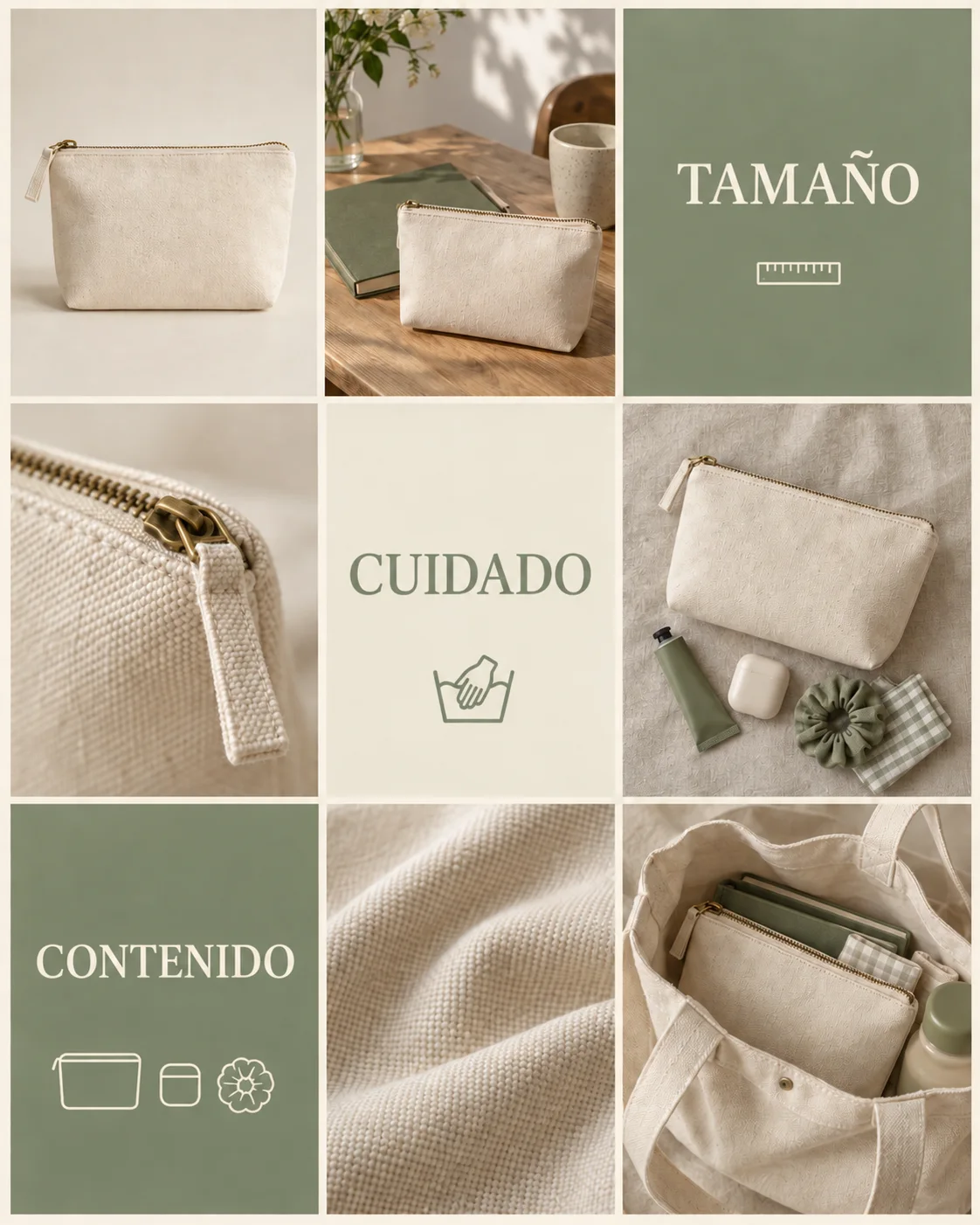 Seis fotos de una bolsa de lona ficticia con tarjetas de TAMAÑO, CUIDADO y CONTENIDO