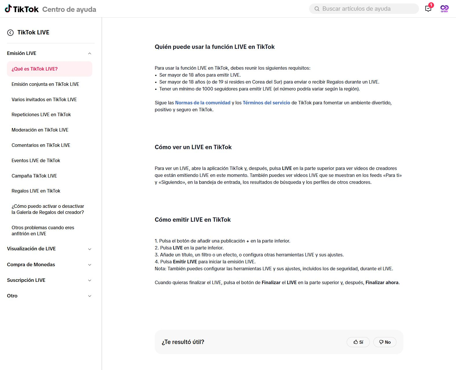 Centro de ayuda de TikTok en español con los requisitos de LIVE y los pasos para iniciar y finalizar una transmisión
