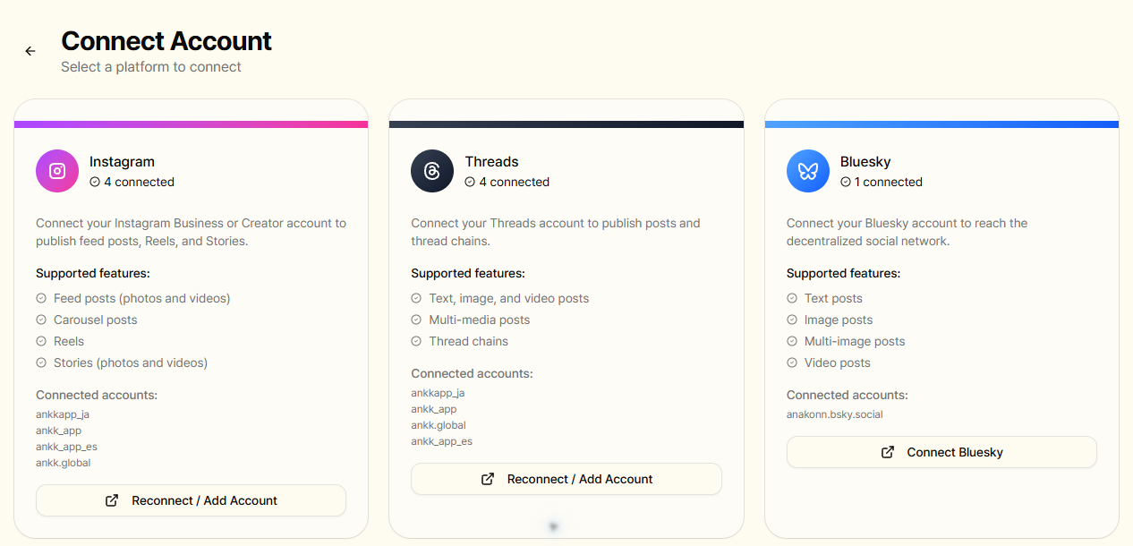 ANKK's English Connect Account screen showing Instagram support and connected public brand accounts