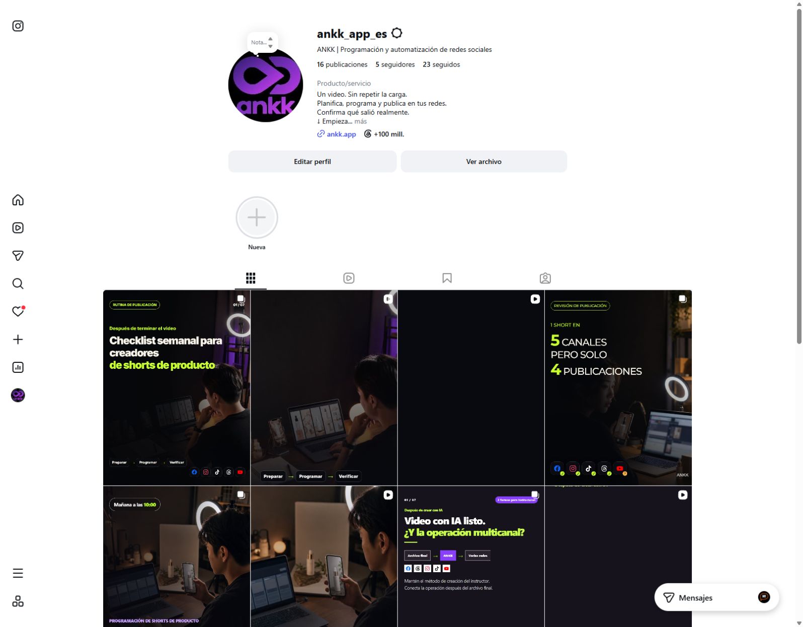 Perfil público de ankk_app_es en Instagram con el nombre, la descripción, la pestaña de Reels y la cuadrícula de publicaciones