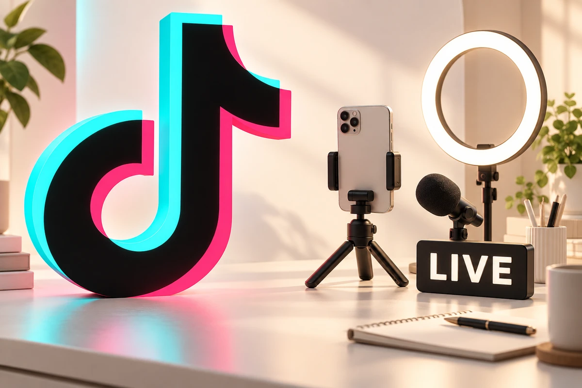 큰 TikTok 로고 옆에 LIVE 타일과 휴대폰 삼각대·마이크·조명이 놓인 방송 준비 일러스트