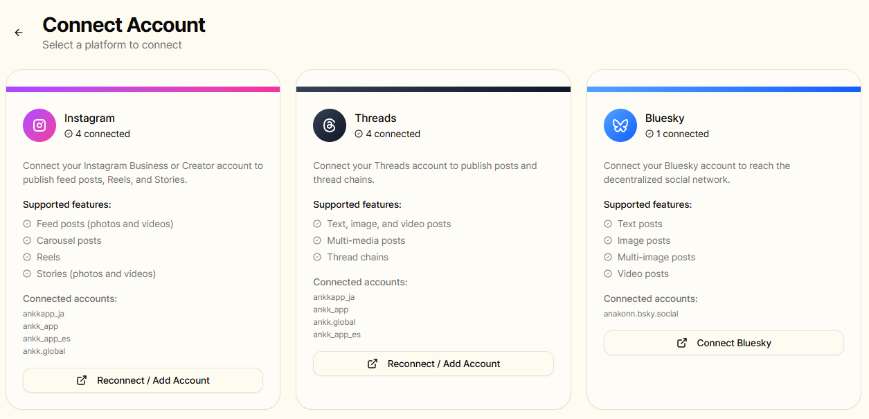 ANKK’s real English Connect Account screen, showing Instagram, Threads, Bluesky, and ANKK’s public connected accounts