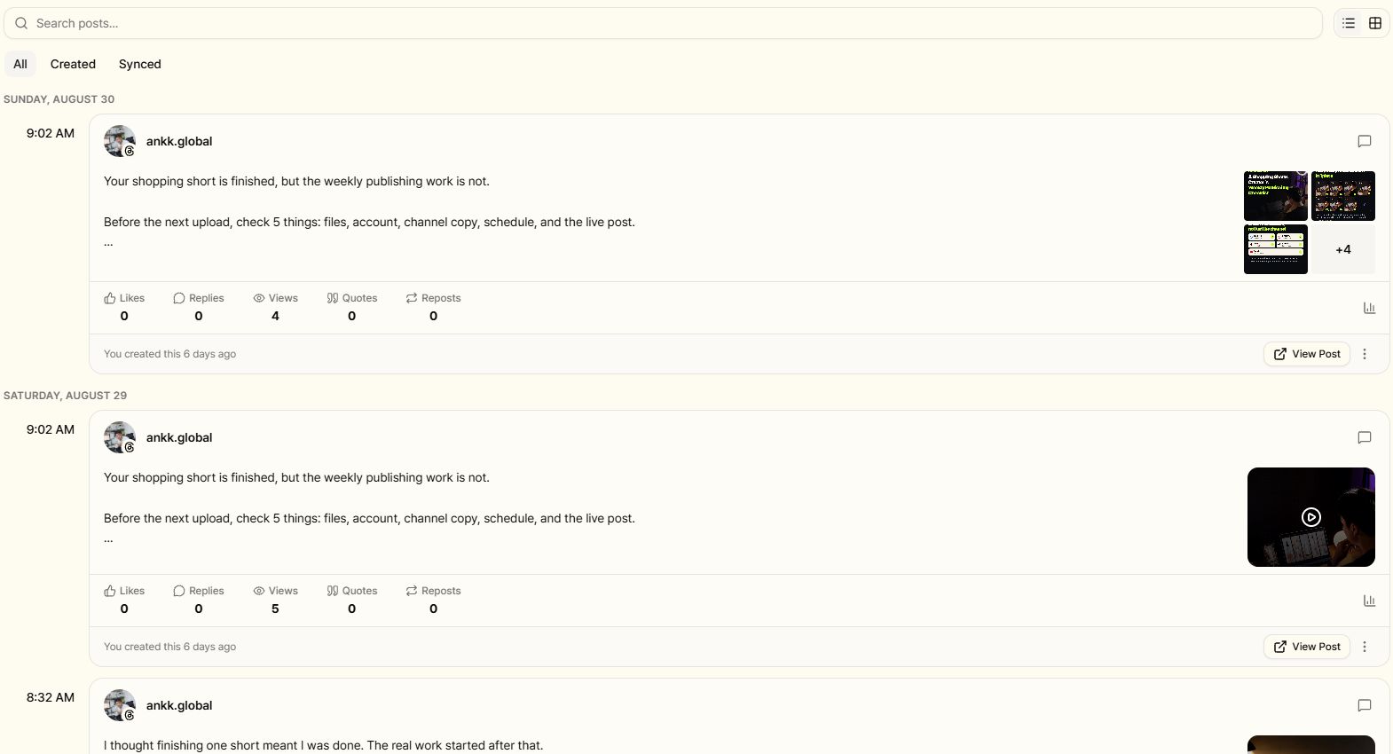The current English Ankk Published view showing the final status of a public ankk.global Threads post and its View Post link