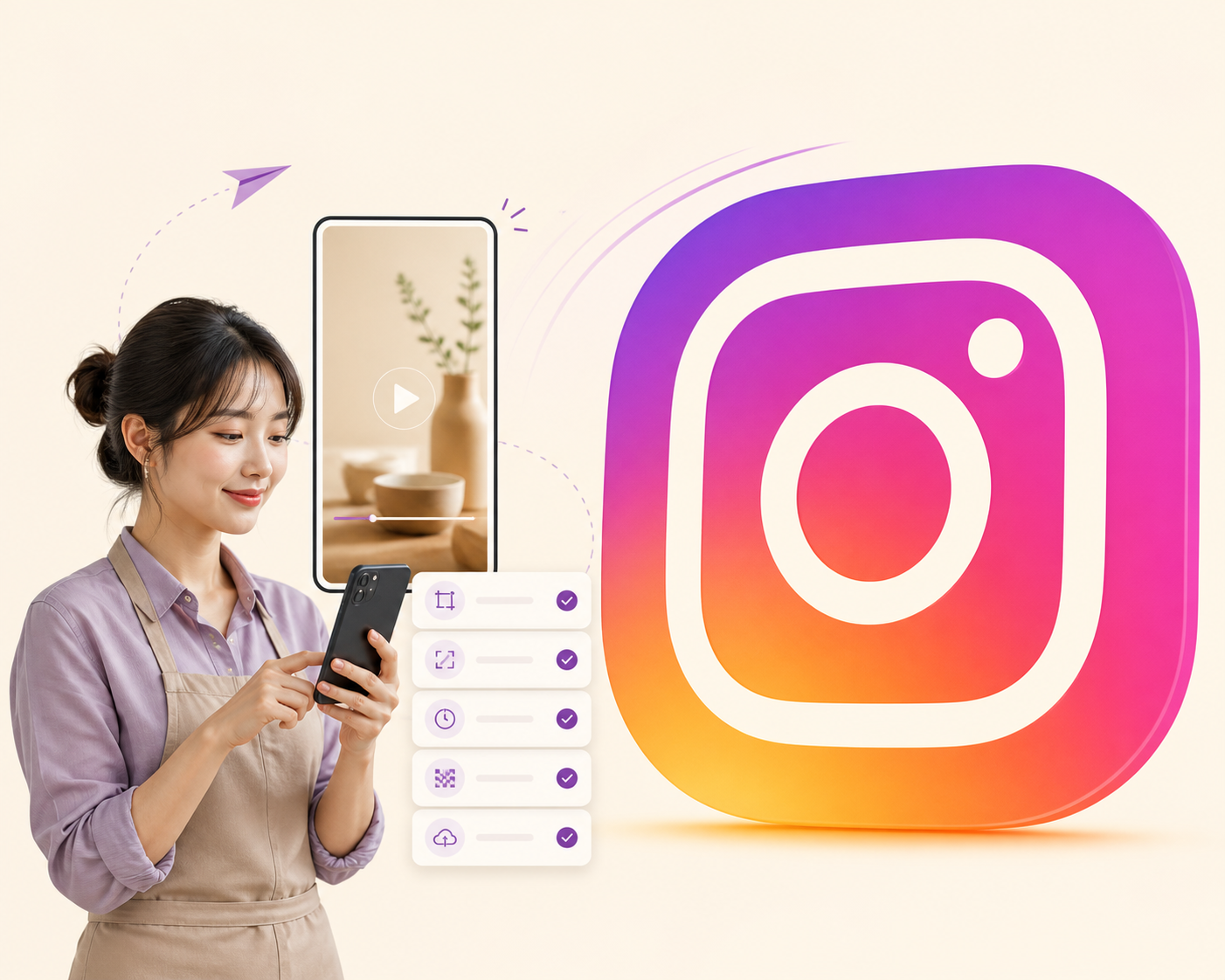 큰 Instagram 로고 옆에서 휴대전화로 세로 릴스와 업로드 체크 항목을 확인하는 한국인 1인 운영자