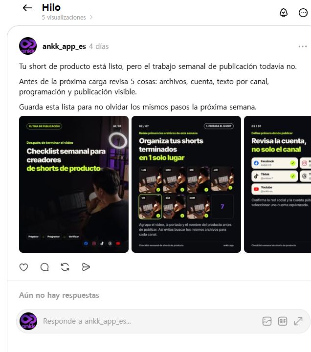 Publicación pública de Ankk App es con una lista semanal para preparar, programar y verificar shorts de producto