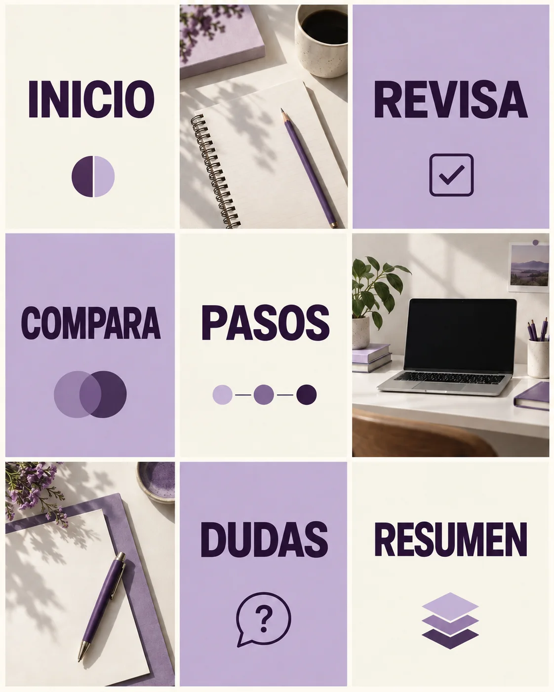 Composición educativa de nueve posts con fotos de escritorio y tarjetas INICIO, REVISA, COMPARA, PASOS, DUDAS y RESUMEN