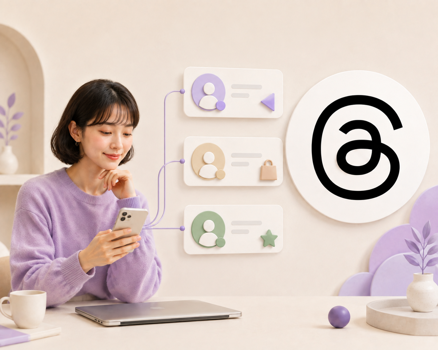 A large Threads logo beside a solo operator organizing three separate profile cards for personal, brand, and client accounts