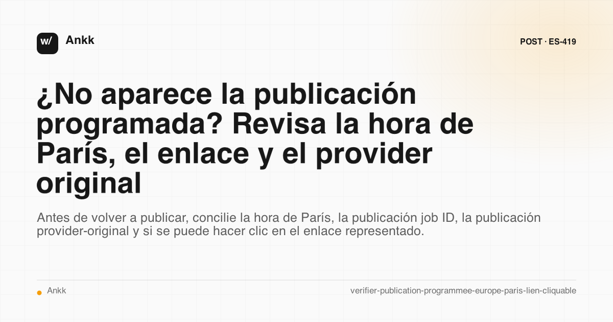 Control de una publicación programada entre la hora de París, el enlace en el que se puede hacer clic y el proveedor original